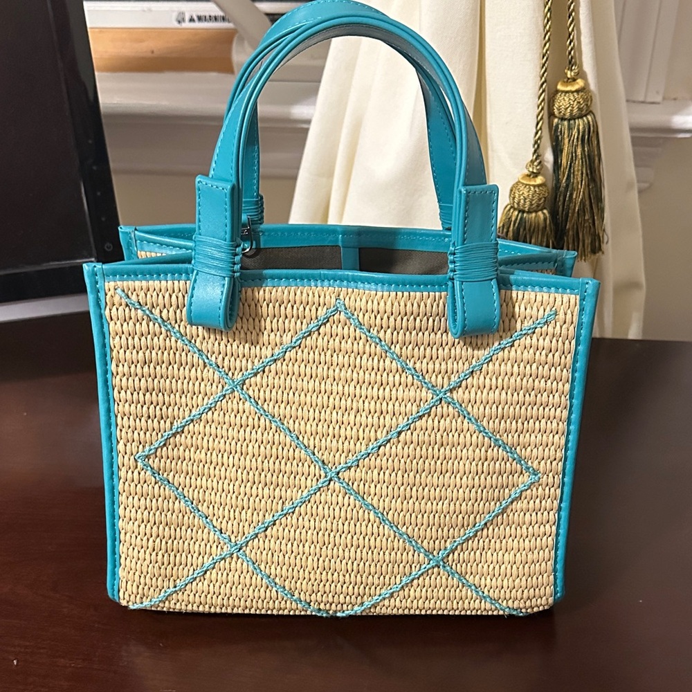 NWT Callista by Neiman Marcus Mini Crisscross Straw & Leather Tote Bag